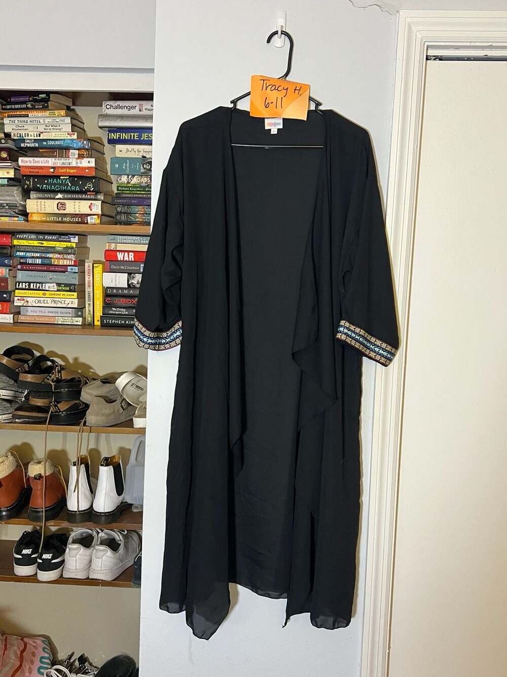 LuLaRoe Shirley Black Open Front Kimono Cardigan with Embroidered Cuffs